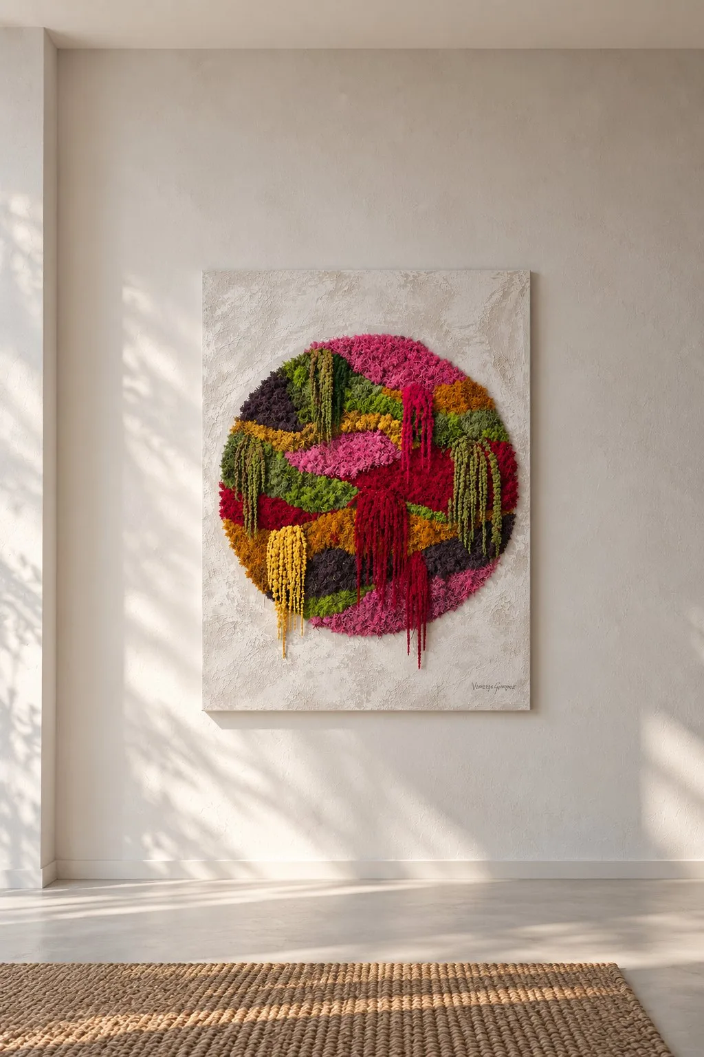 Arte botánico texturizado en un interior sereno